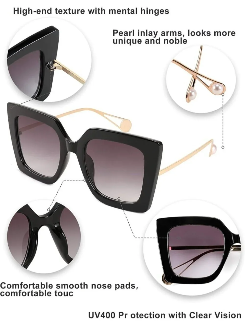 Women's Trendy Square Shades Pearl Inlay Cat Eye UV400 Protection Black